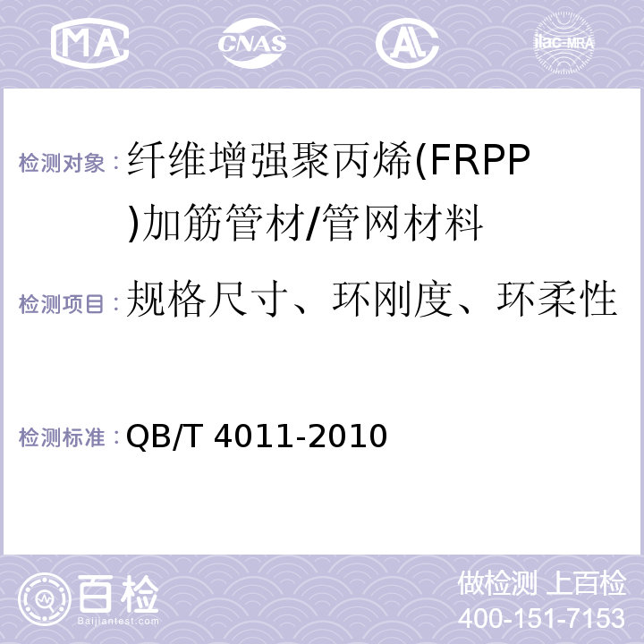 规格尺寸、环刚度、环柔性 QB/T 4011-2010 埋地用纤维增强聚丙烯(FRPP)加筋管材