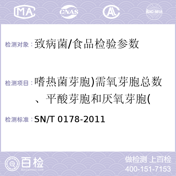 嗜热菌芽胞)需氧芽胞总数、平酸芽胞和厌氧芽胞( 出口食品嗜热菌芽胞（需氧芽胞总数、平酸芽胞和厌氧芽胞）计数方法/SN/T 0178-2011