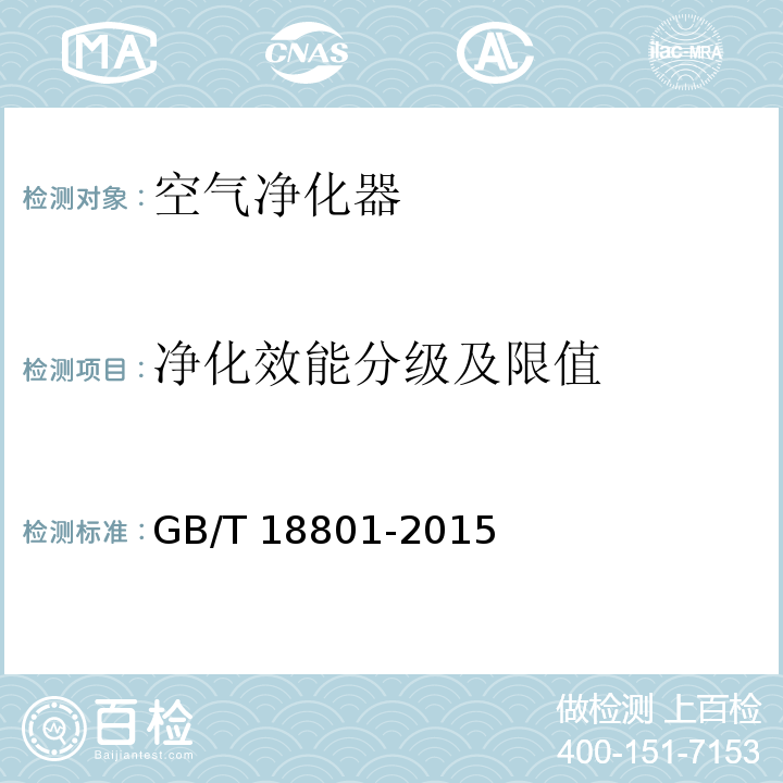 净化效能分级及限值 空气净化器GB/T 18801-2015
