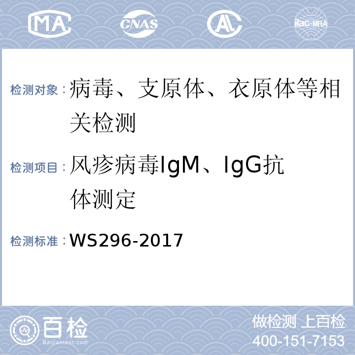 风疹病毒IgM、IgG抗体测定 WS 296-2017 麻疹诊断
