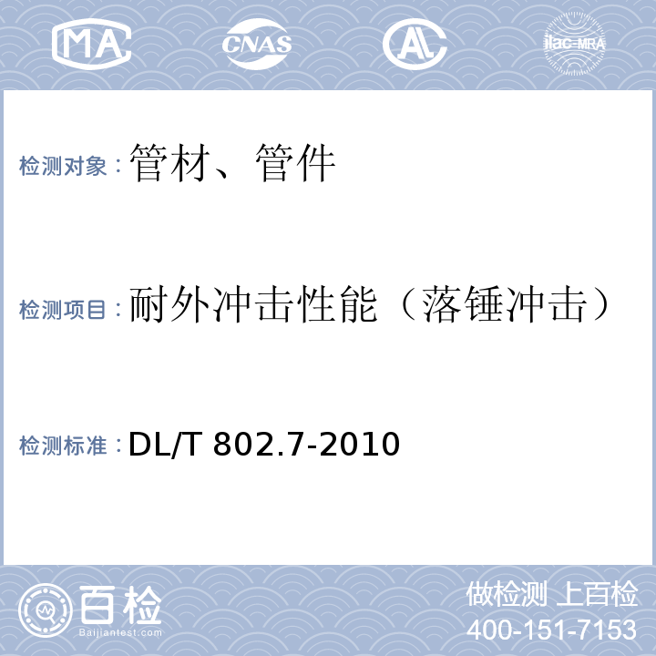 耐外冲击性能（落锤冲击） 电力电缆用导管技术条件 第7部分：非开挖用改性聚丙烯塑料电缆导管 DL/T 802.7-2010