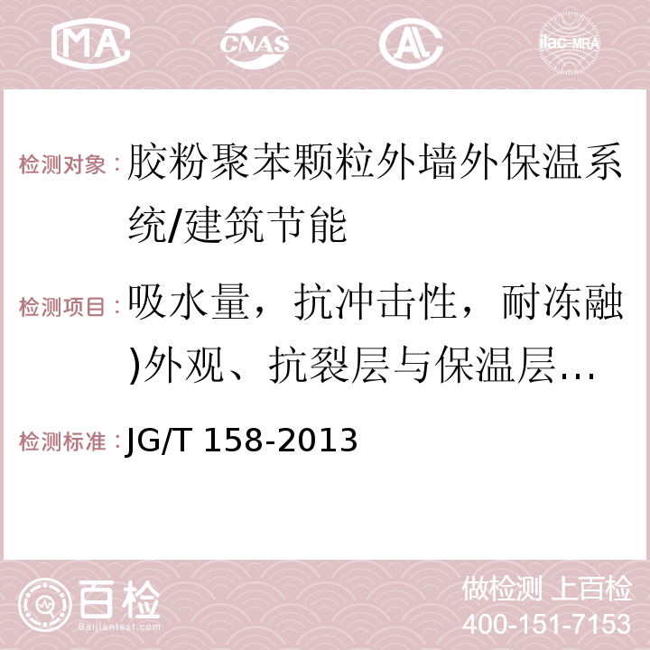 吸水量，抗冲击性，耐冻融)外观、抗裂层与保温层拉伸粘结强度、面砖与抗裂层拉伸粘结强度(，水蒸气透过湿流密度，不透水性 胶粉聚苯颗粒外墙外保温系统 /JG/T 158-2013