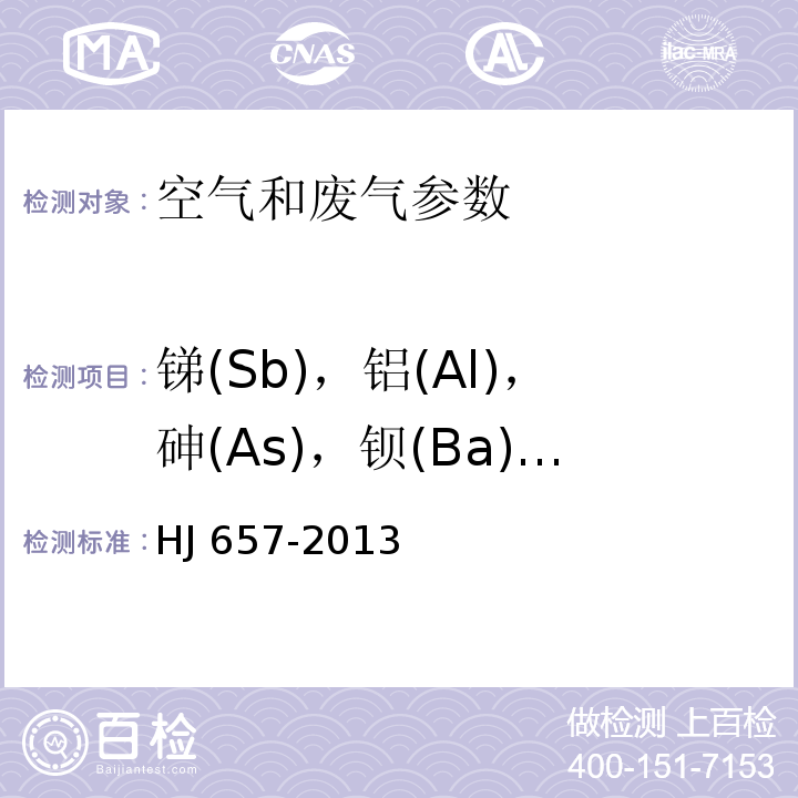 锑(Sb)，铝(Al)，砷(As)，钡(Ba)，铍(Be)，镉(Cd)，铬(Cr)，钴(Co)，铜(Cu)，铅(Pb)，锰(Mn)，钼(Mo)，镍(Ni)，硒(Se)，银(Ag)，铊(Tl)，钍(Th)，铀(U)，钒(V)，锌(Zn)，铋(Bi)，锶(Sr)，锡(Sn)，锂(Li) 空气和废气 颗粒物中铅等金属元素的测定 电感耦合等离子体质谱法 HJ 657-2013及修改单