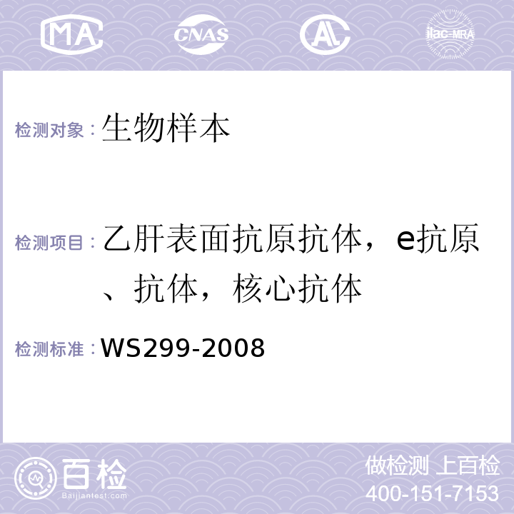 乙肝表面抗原抗体，e抗原、抗体，核心抗体 乙型病毒性肝炎诊断标准 WS299-2008 附录A.1