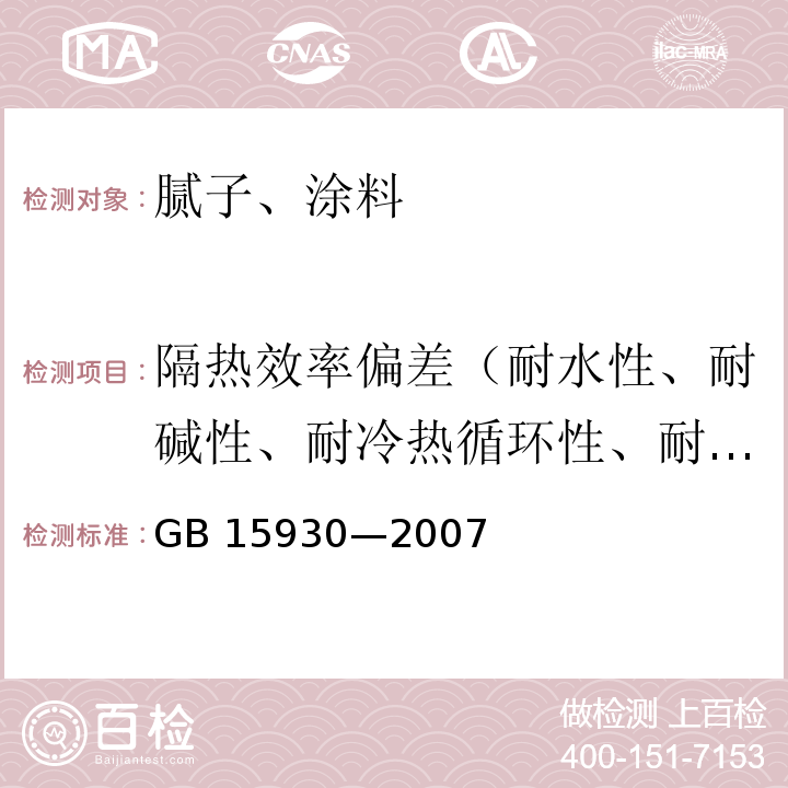 隔热效率偏差（耐水性、耐碱性、耐冷热循环性、耐曝热性、耐冻融循环性、耐酸性、耐盐雾腐蚀性、耐紫外线辐照性） 建筑通风和排烟系统用防火阀门 GB 15930—2007