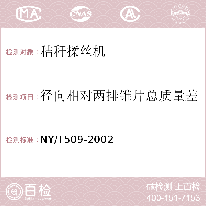 径向相对两排锥片总质量差 秸秆揉丝机NY/T509-2002