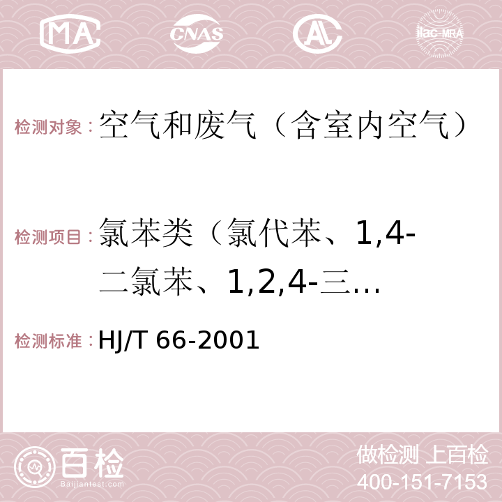 氯苯类（氯代苯、1,4-二氯苯、1,2,4-三氯苯）  大气固定污染源 氯苯类化合物的测定 气相色谱法HJ/T 66-2001