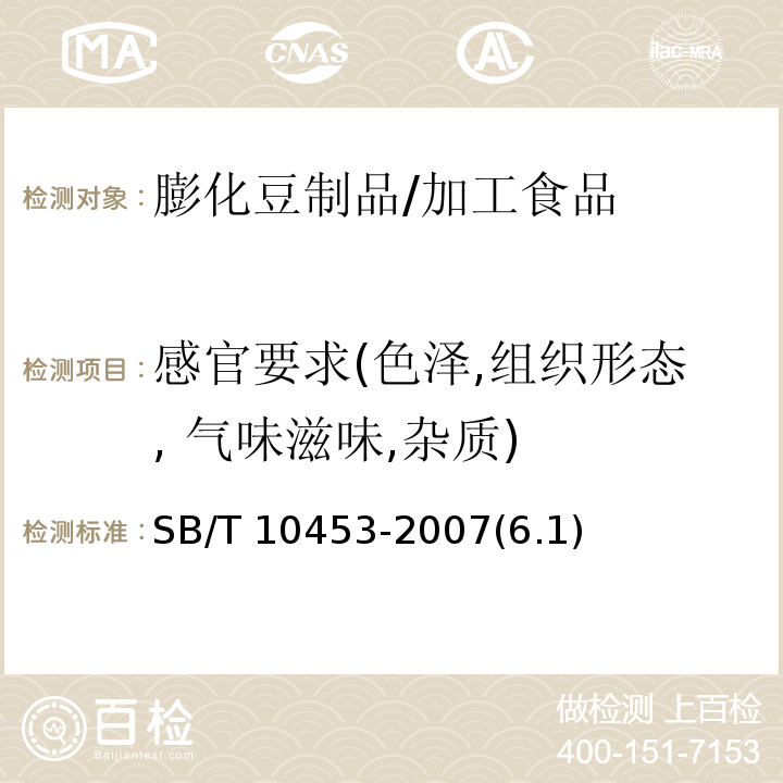 感官要求(色泽,组织形态, 气味滋味,杂质) 膨化豆制品 /SB/T 10453-2007(6.1)
