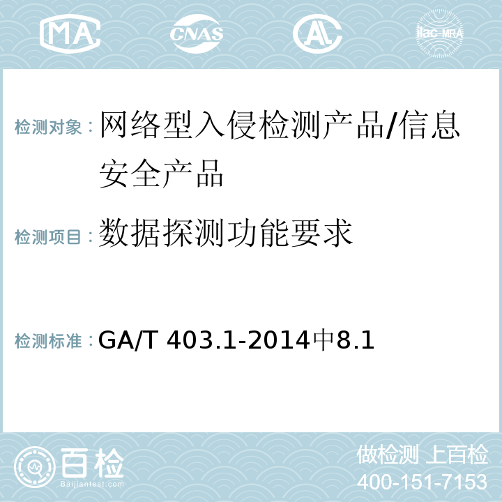 数据探测功能要求 信息安全技术 入侵检测产品安全技术要求 第1部分：网络型产品 /GA/T 403.1-2014中8.1