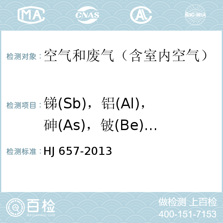 锑(Sb)，铝(Al)，砷(As)，铍(Be)，钴(Co)，铊(Tl)，锌(Zn)，锡(Sn) HJ 657-2013 空气和废气 颗粒物中铅等金属元素的测定 电感耦合等离子体质谱法(附2018年第1号修改单)