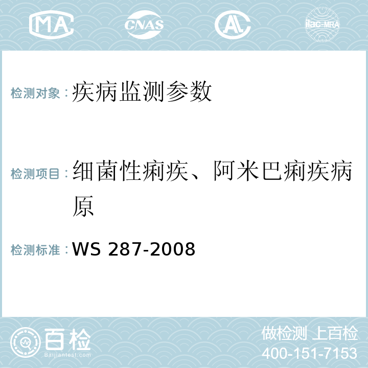 细菌性痢疾、阿米巴痢疾病原 WS 287-2008 细菌性和阿米巴性痢疾诊断标准