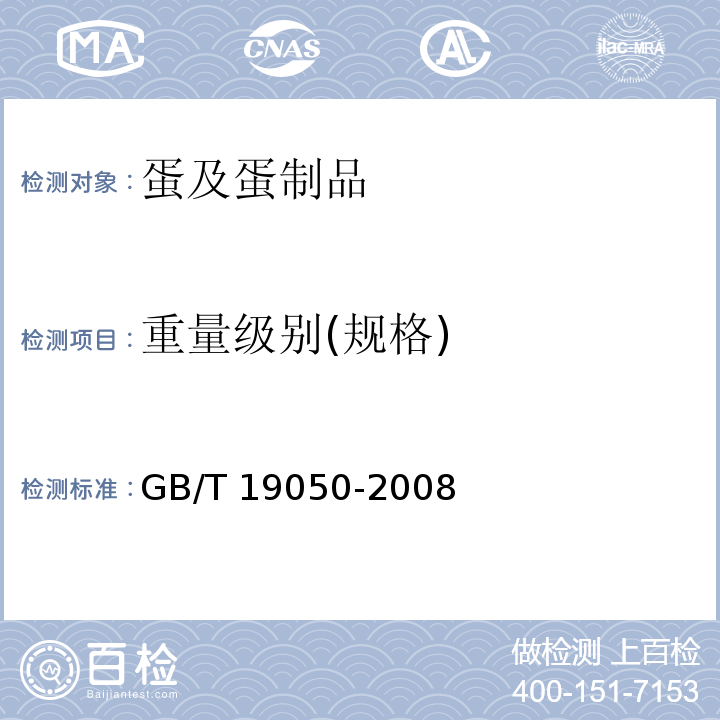 重量级别(规格) 地理标志产品 高邮咸鸭蛋 GB/T 19050-2008