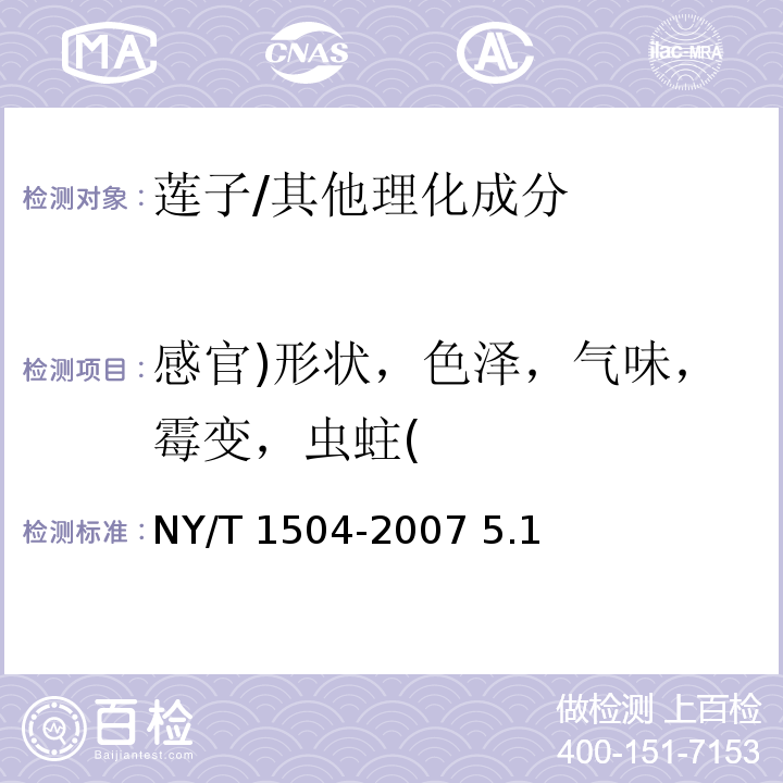 感官)形状，色泽，气味，霉变，虫蛀( NY/T 1504-2007 莲子