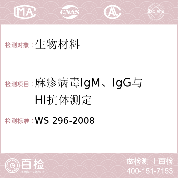 麻疹病毒IgM、IgG与HI抗体测定 麻疹诊断标准WS 296-2008