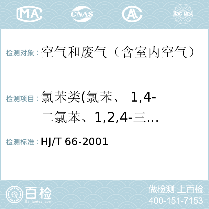 氯苯类(氯苯、 1,4-二氯苯、1,2,4-三氯苯) 大气固定污染源 氯苯类化合物的测定 气相色谱法 HJ/T 66-2001　