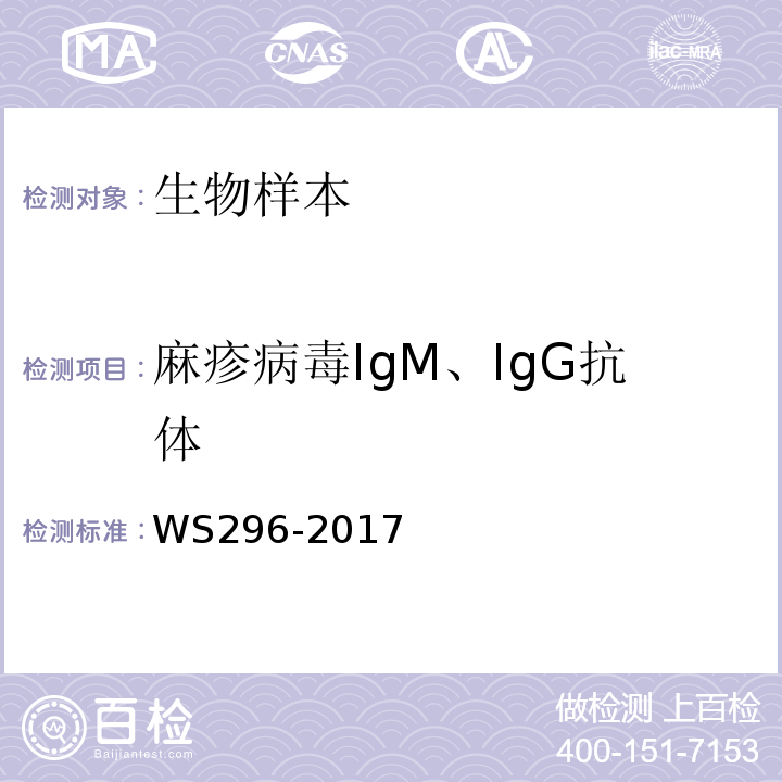麻疹病毒IgM、IgG抗体 WS 296-2017 麻疹诊断