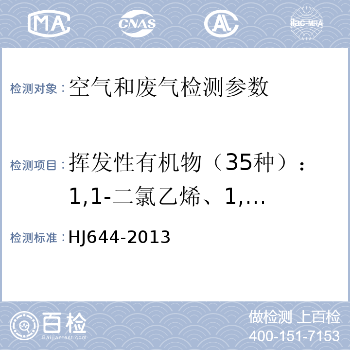 挥发性有机物（35种）：1,1-二氯乙烯、1,1,2-三氯-1,2,2-三氯乙烷、氯丙烯、二氯甲烷、1,1-二氯乙烷、顺式-1,2-二氯乙烯、三氯甲烷、1,1,1-三氯乙烷、四氯化碳、1,2-二氯乙烷、苯、三氯乙烯、1,2-二氯丙烷、顺式-1,3-二氯丙烯、甲苯、反式-1,3-二氯丙烯、1,1,2-三氯乙烷、四氯乙烯、1,2-二溴乙烷、氯苯、乙苯、间，对-二甲苯、邻-二甲苯、苯乙烯、1,1,2,2-四氯乙烷、4-乙基甲苯、1,3,5-三甲基苯、1,2,4-三甲基苯、1,3-二氯苯、1,4-二氯苯、苄基苯、1,2-二氯苯、1,2,4-三氯苯、六氯丁二烯 环境空气 挥发性有机物的测定 吸附管采样-热脱附/气相色谱-质谱法 HJ644-2013