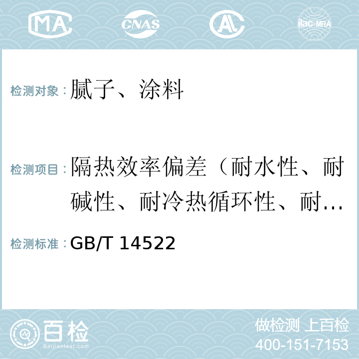 隔热效率偏差（耐水性、耐碱性、耐冷热循环性、耐曝热性、耐冻融循环性、耐酸性、耐盐雾腐蚀性、耐紫外线辐照性） GB/T 14522-2008 机械工业产品用塑料、涂料、橡胶材料人工气候老化试验方法 荧光紫外灯