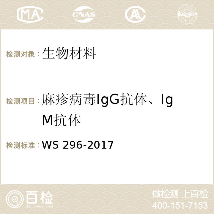 麻疹病毒IgG抗体、IgM抗体 WS 296-2017 麻疹诊断