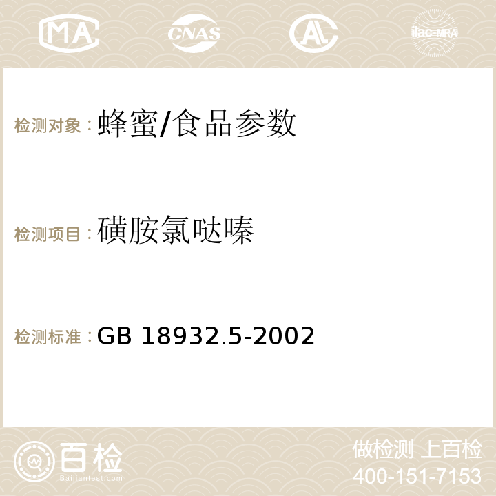 磺胺氯哒嗪 蜂蜜中磺胺醋酰、磺胺吡啶、磺胺甲基嘧啶、磺胺甲氧哒嗪、磺胺对甲氧嘧啶、磺胺氯哒嗪、磺胺甲基异恶唑、磺胺二甲氧嘧啶残留量的测定方法 液相色谱法/GB 18932.5-2002