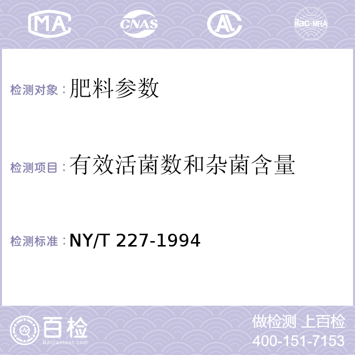 有效活菌数和杂菌含量 微生物肥料 NY/T 227-1994