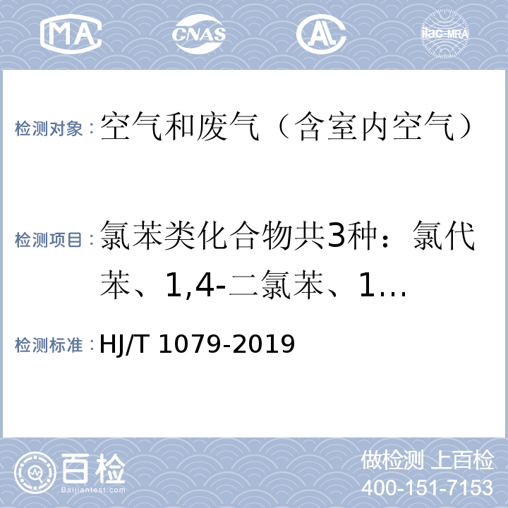 氯苯类化合物共3种：氯代苯、1,4-二氯苯、1,2,4-三氯苯 固定污染源废气氯苯类化合物的测定 气相色谱法HJ/T 1079-2019