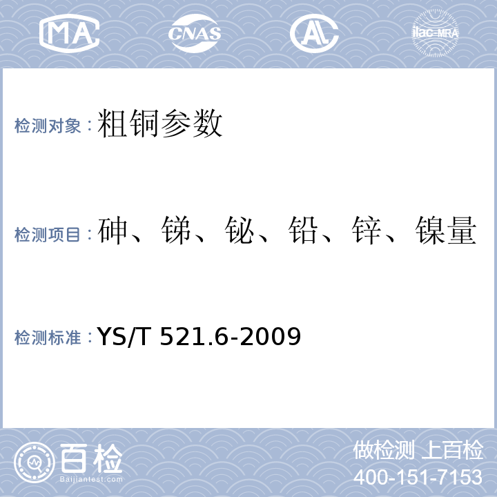 砷、锑、铋、铅、锌、镍量 粗铜化学分析方法 第6部分：砷、锑、铋、铅、锌和镍量的测定 电感耦合等离子体原子发射光谱法 YS/T 521.6-2009