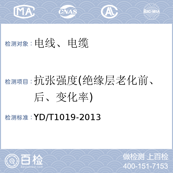 抗张强度(绝缘层老化前、后、变化率) 数字通信用聚烯烃绝缘水平对绞电缆 YD/T1019-2013