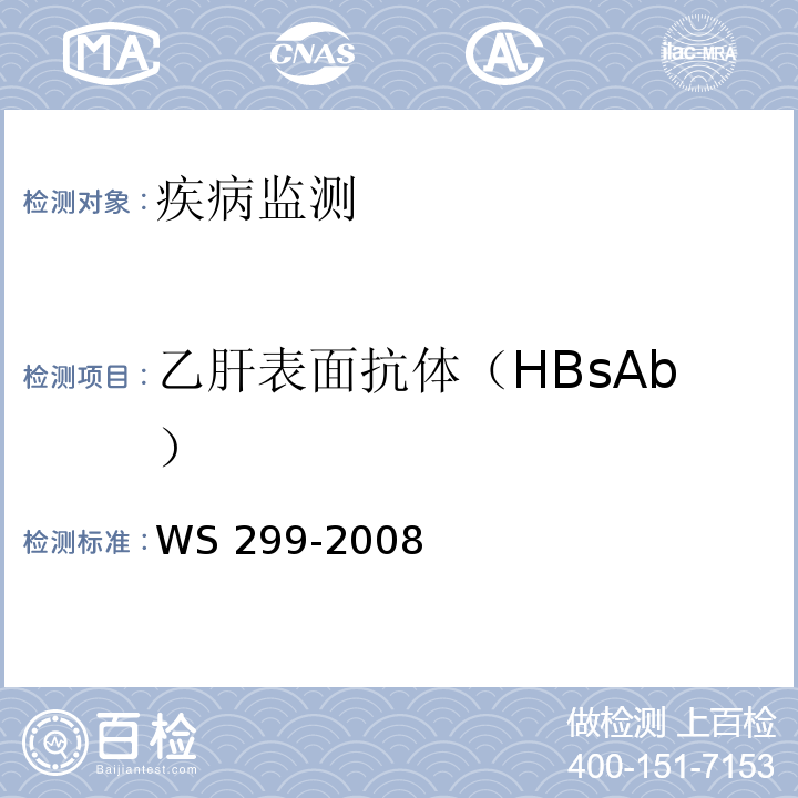 乙肝表面抗体（HBsAb） 乙型病毒性肝炎诊断标准 WS 299-2008 附录A.1