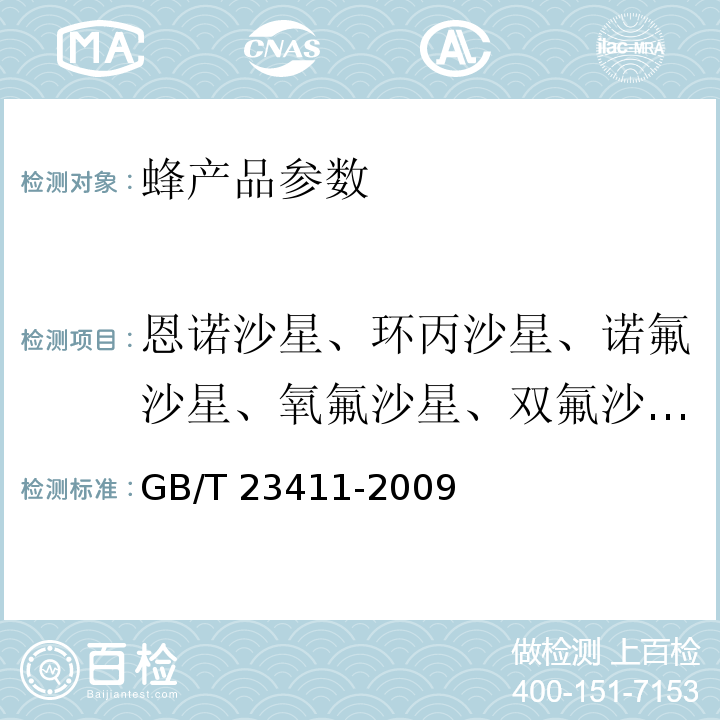 恩诺沙星、环丙沙星、诺氟沙星、氧氟沙星、双氟沙星、氟甲喹、沙拉沙星、司帕沙星、丹氟沙星、氟罗沙星、马波沙星、依诺沙星、奥比沙星、吡哌酸、培氟沙星、洛美沙星、萘啶酸 蜂王浆中17种喹诺酮类药物残留量的测定GB/T 23411-2009 液相色谱-质谱/质谱法