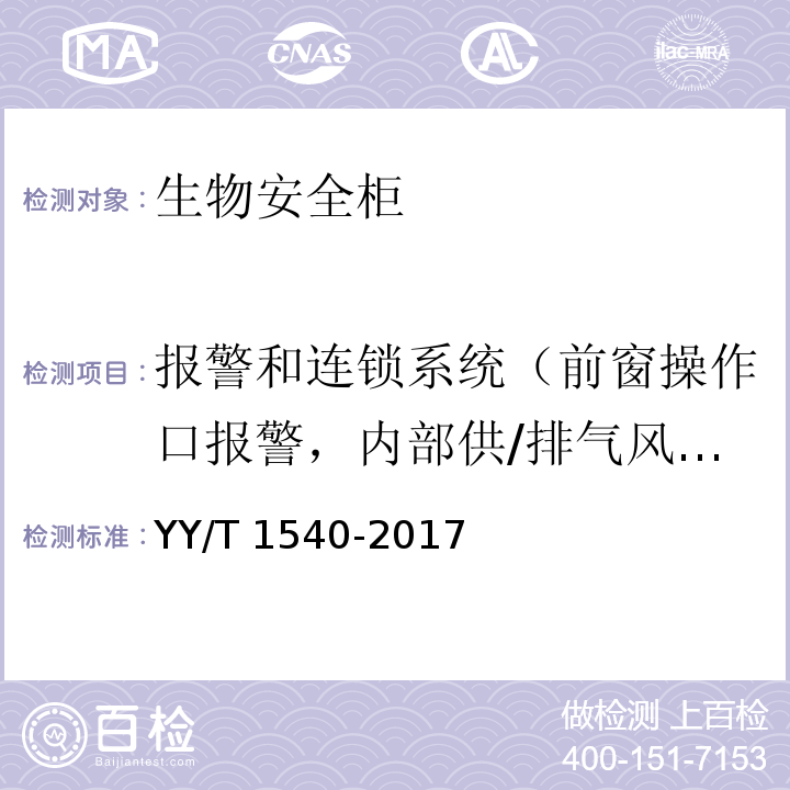 报警和连锁系统（前窗操作口报警，内部供/排气风机联锁警报，II级B1和B2型安全柜排气报警，II级A1或A2型安全柜排气警报，气流波动报警） 医用Ⅱ级生物安全柜核查指南YY/T 1540-2017，5.3