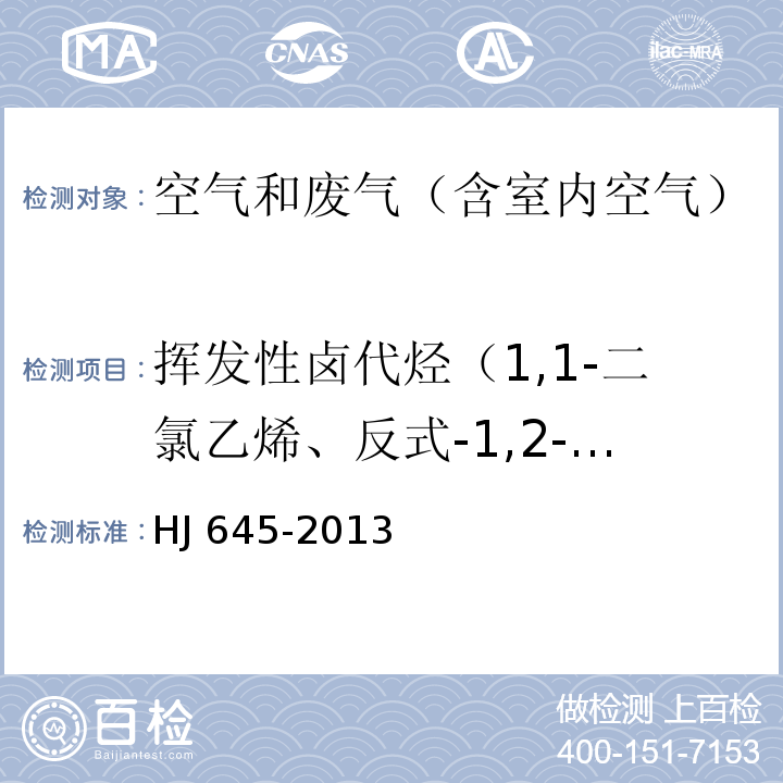 挥发性卤代烃（1,1-二氯乙烯、反式-1,2-二氯乙烯、顺式-1,2-二氯乙烯、三氯甲烷、四氯化碳、1,2-二氯乙烷、三氯乙烯、四氯乙烯、三溴甲烷） 环境空气 挥发性卤代烃的测定 活性炭吸附-二硫化碳解吸/气相色谱法HJ 645-2013