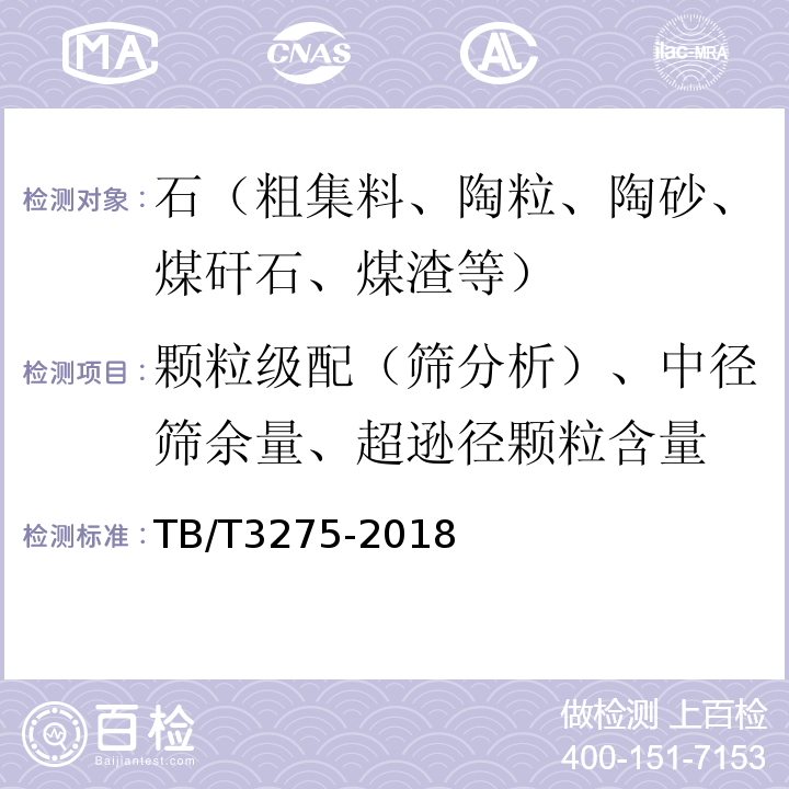 颗粒级配（筛分析）、中径筛余量、超逊径颗粒含量 铁路混凝土用骨料碱活性试验方法 快速砂浆棒法 TB/T3275-2018