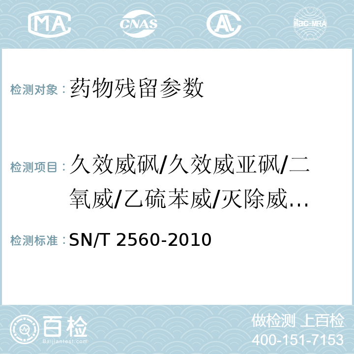 久效威砜/久效威亚砜/二氧威/乙硫苯威/灭除威/混杀威 进出口食品中氨基甲酸酯类农药残留量的测定 液相色谱-质谱/质谱法 SN/T 2560-2010