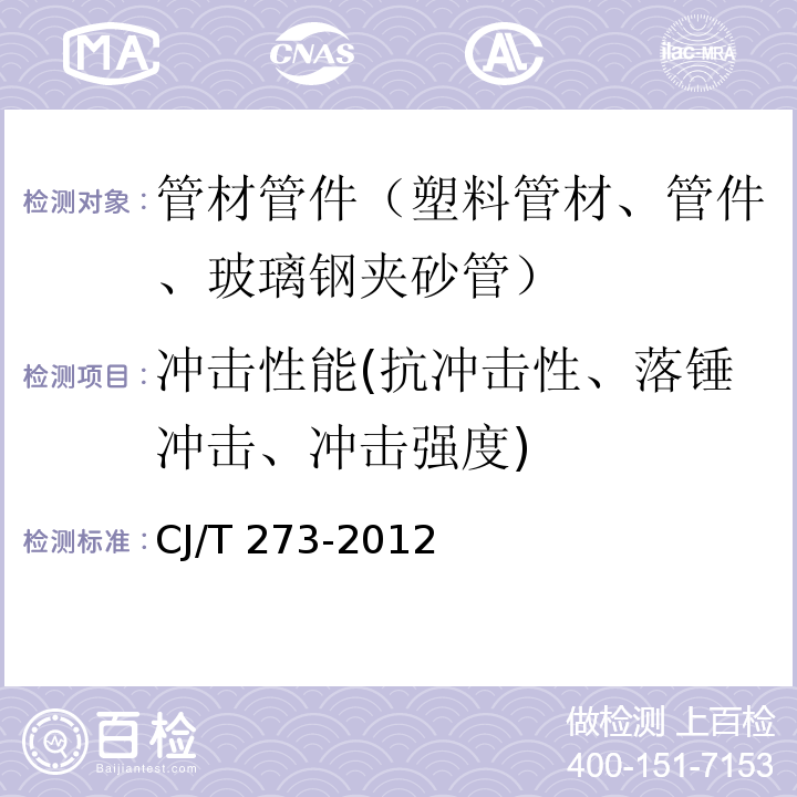 冲击性能(抗冲击性、落锤冲击、冲击强度) CJ/T 273-2012 聚丙烯静音排水管材及管件