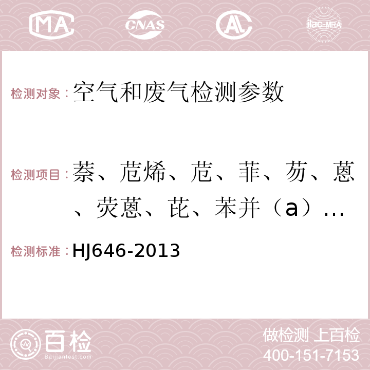 萘、苊烯、苊、菲、芴、蒽、熒蒽、芘、苯并（a）蒽、?、苯并（b）熒蒽、苯并（k）熒蒽、苯并（a）芘、茚并（1，2，3-c，d）芘、二苯并（a，h）蒽、苯并（g，h，i）苝 環境空氣和廢氣 氣相和顆粒物中多環芳烴的測定 氣相色譜-質譜法 HJ646-2013