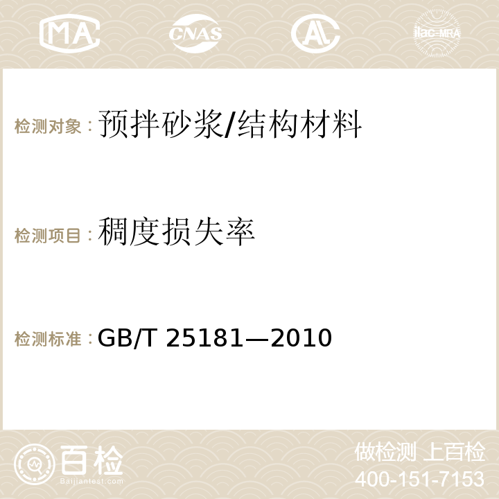 稠度损失率 预拌砂浆 附录A/GB/T 25181—2010