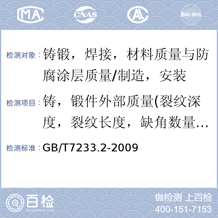 铸，锻件外部质量(裂纹深度，裂纹长度，缺角数量，掉边数量) GB/T 7233.2-2023 铸钢件 超声检测 第2部分:高承压铸钢件