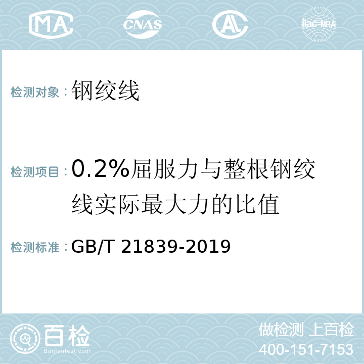 0.2%屈服力與整根鋼絞線實際最大力的比值 預應力混凝土用鋼材試驗方法GB/T 21839-2019