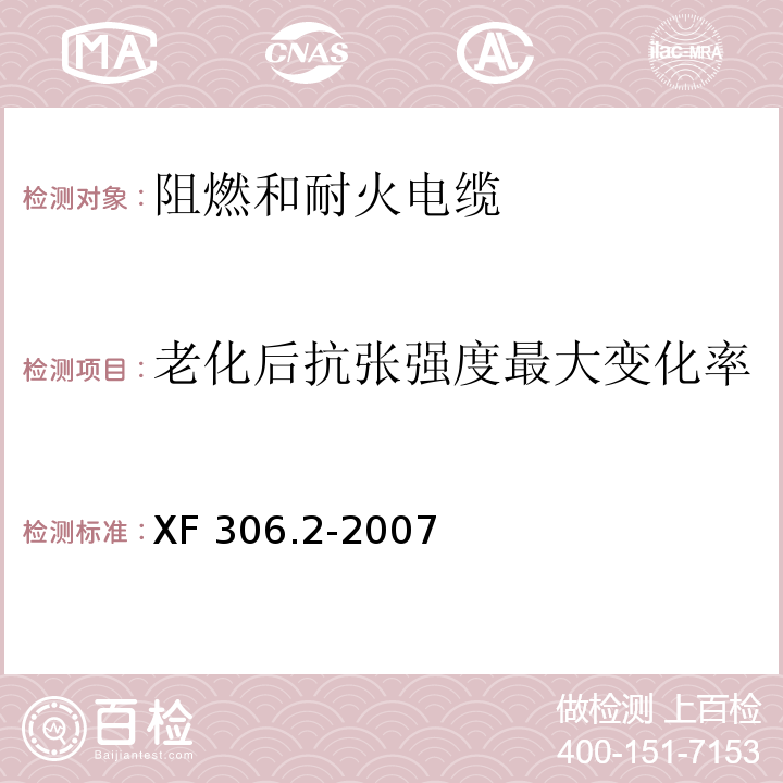 老化后抗张强度最大变化率 阻燃及耐火电缆塑料绝缘阻燃及耐火电缆分级和要求 第2部分:耐火电缆 XF 306.2-2007