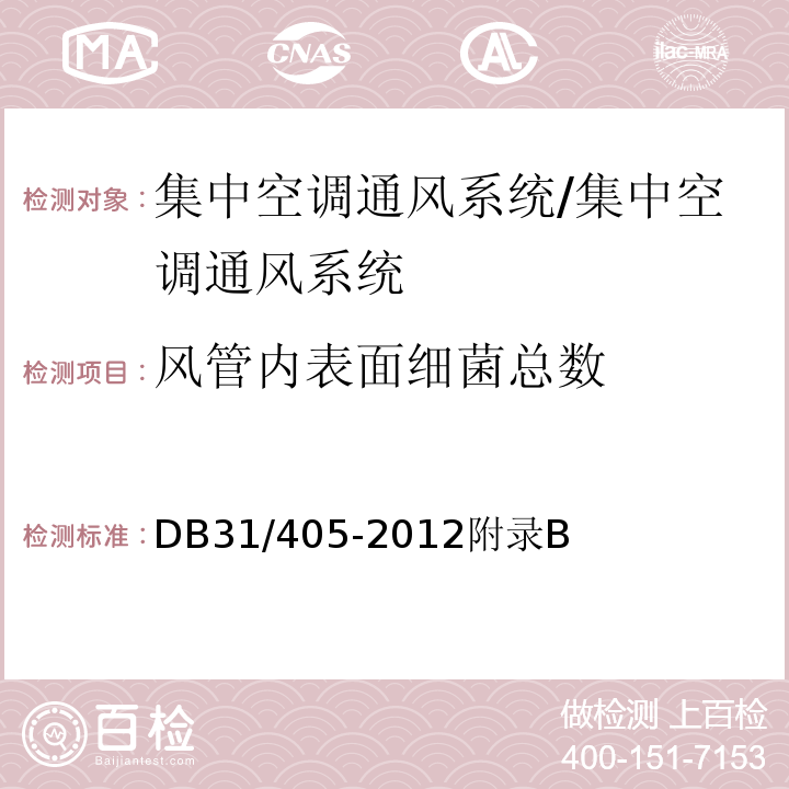 风管内表面细菌总数 公共场所空调通风系统运行卫生要求 /DB31/405-2012附录B