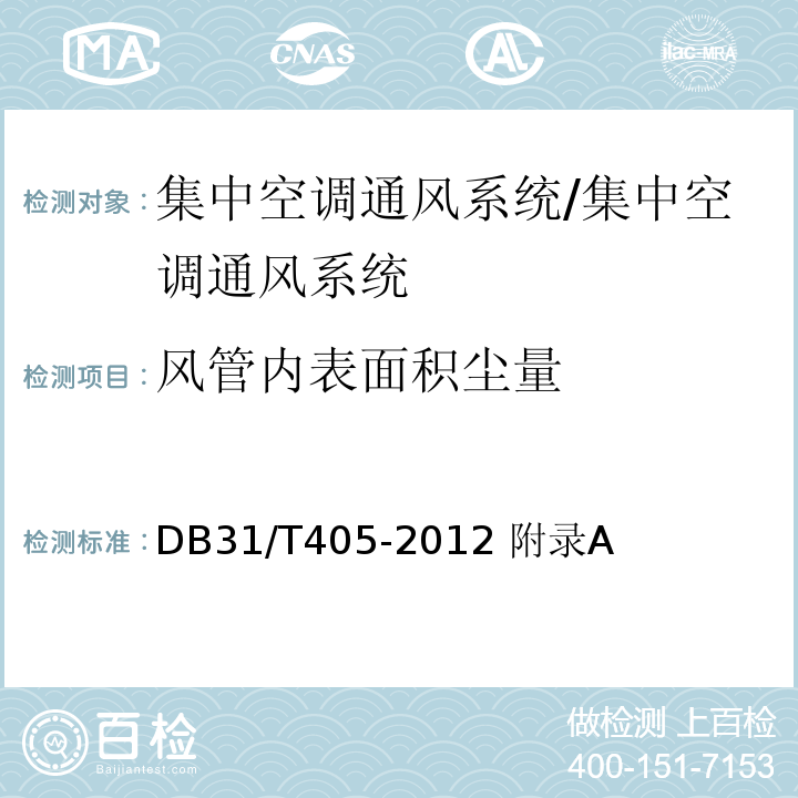 风管内表面积尘量 上海市集中空调通风系统卫生管理规范/DB31/T405-2012 附录A