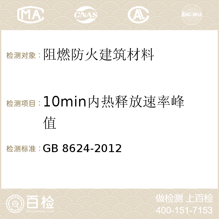 10min内热释放速率峰值 建筑材料及制品燃烧性能分级 GB 8624-2012