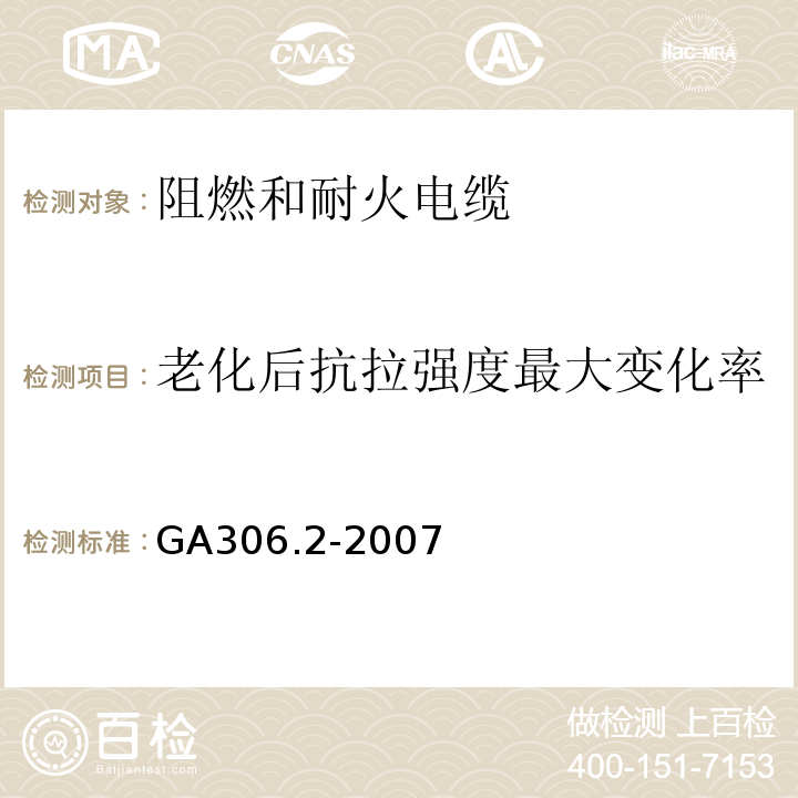 老化后抗拉强度最大变化率 GA 306.2-2007 阻燃及耐火电缆:塑料绝缘阻燃及耐火电缆分级和要求 第2部分:耐火电缆