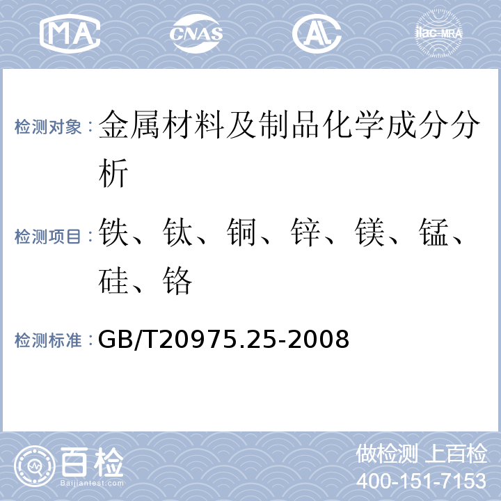 铁、钛、铜、锌、镁、锰、硅、铬 铝及铝合金化学分析方法第25部分：电感耦合等离子体原子发射光谱法GB/T20975.25-2008