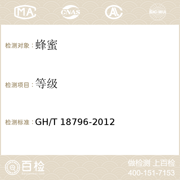 等级 蜂蜜 GH/T 18796-2012
