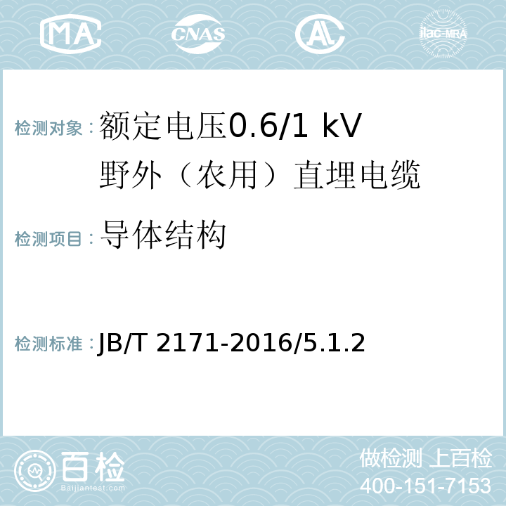 导体结构 额定电压0.6/1 kV野外（农用）直埋电缆JB/T 2171-2016/5.1.2