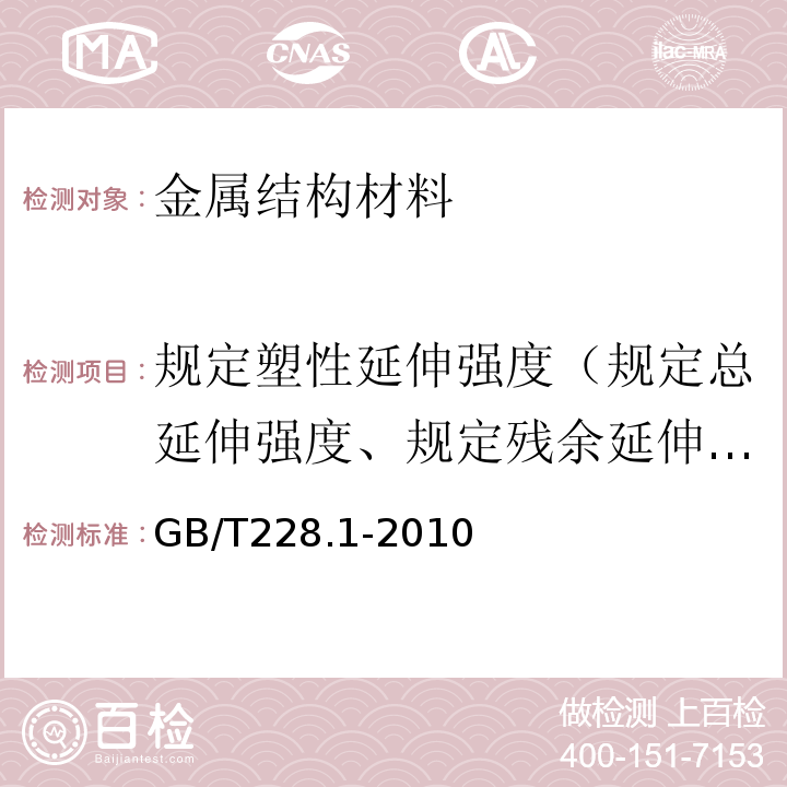 规定塑性延伸强度（规定总延伸强度、规定残余延伸强度、0.1%屈服力、0.2%屈服力、弹性模量） 金属材料拉伸试验第1部分：室温试验方法