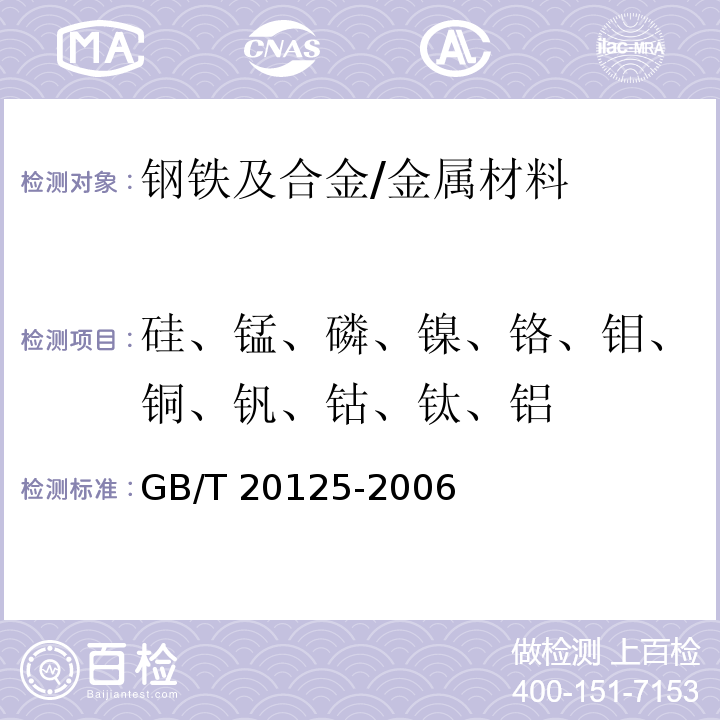 硅、锰、磷、镍、铬、钼、铜、钒、钴、钛、铝 低合金钢 多元素含量的测定 电感耦合等离子体原子发射光谱法/GB/T 20125-2006