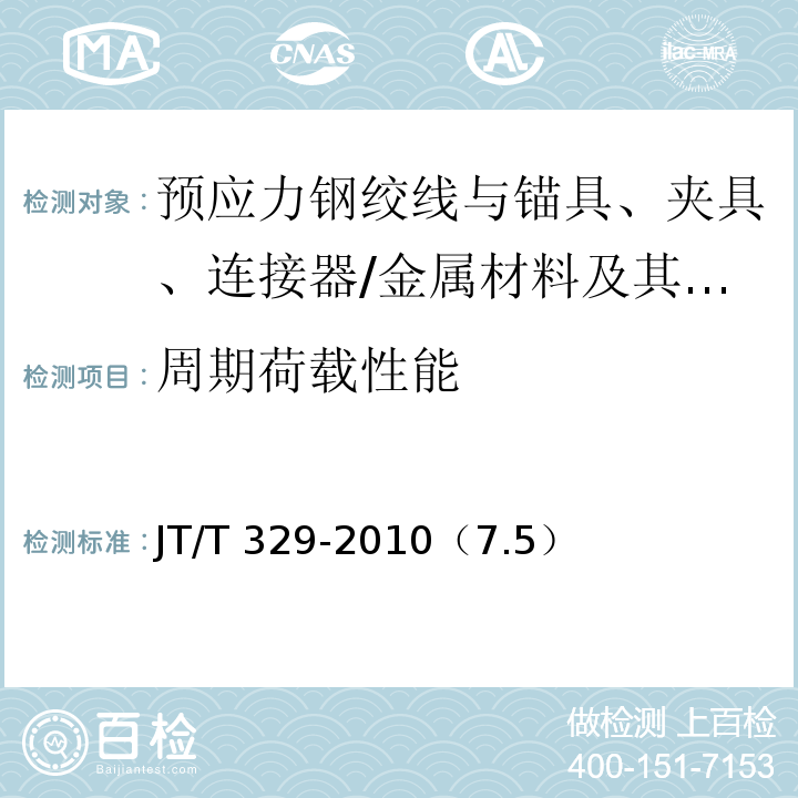 周期荷載性能 公路橋梁預應力鋼絞線用錨具、夾具和連接器 /JT/T 329-2010（7.5）
